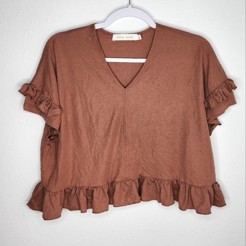 Bishop + Young Cropped Ruffle Top V-Neck Brown XS
